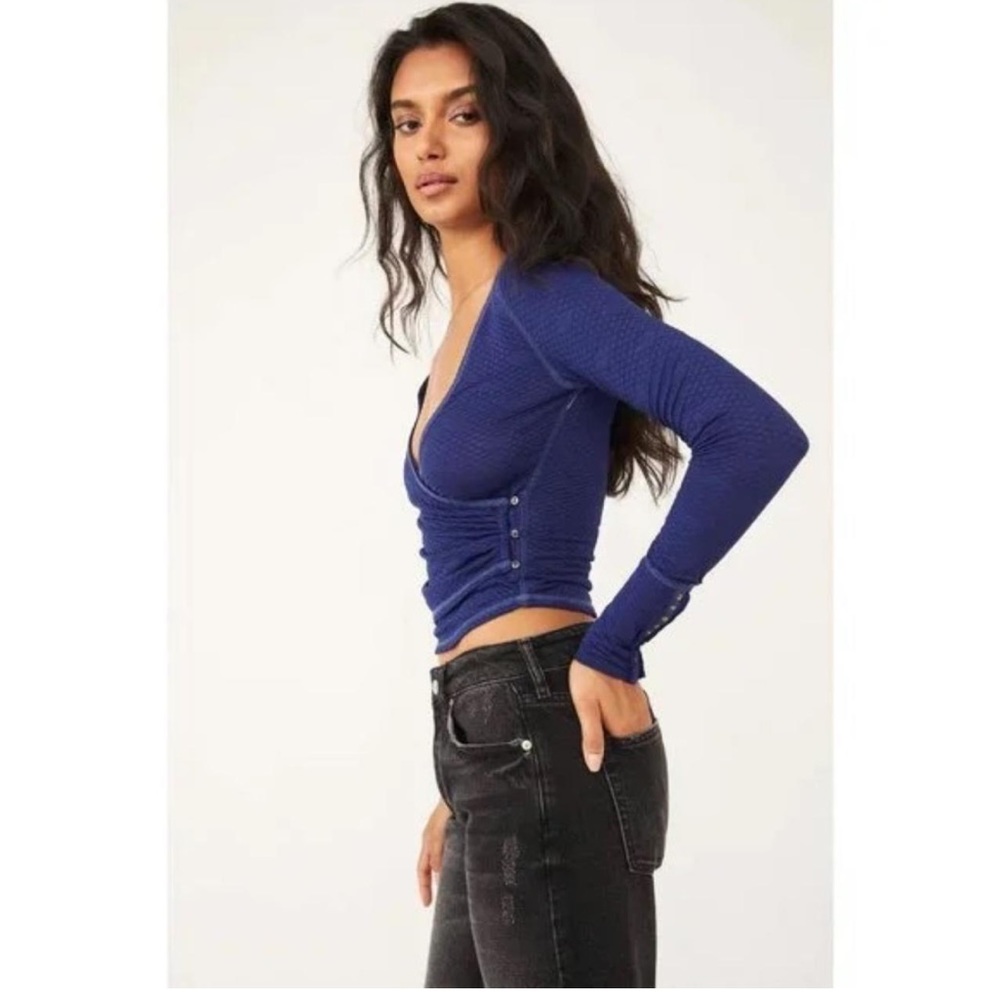 Free People Deep Blue Wrap Ribbed Long Sleeve Top - Picture 2 of 13